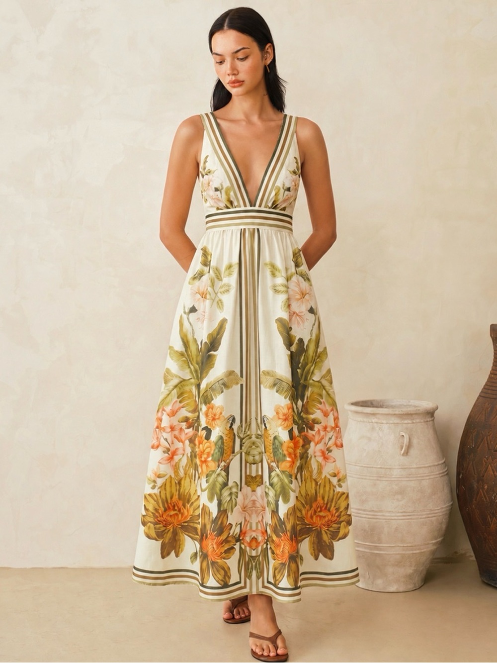 Floral Border V-Neck Maxi Dress in Cream and Olive